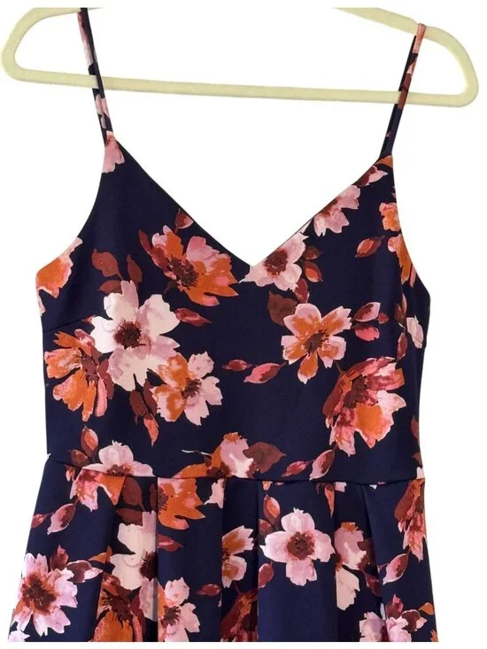 Soprano Large Blue Floral Sleeveless Fit and Flare V Neck Stretch Mini Dress - Picture 2 of 8